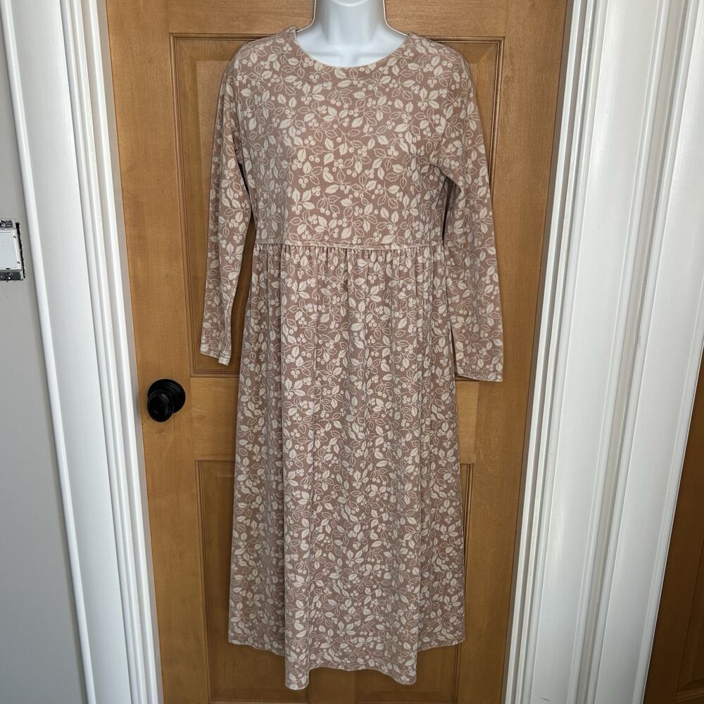 LL Bean Midi Dress Size‎ 4P Mauve Cream Velour Floral Modest Country